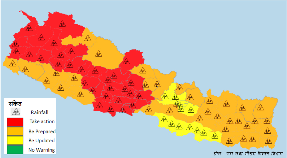 थप तीन दिन मनसुन सक्रिय हुँदा ३० जिल्ला ‘रेड जोन’मा